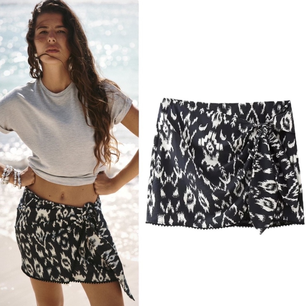 NWT Zara Black & White Ikat Printed Pompom Wrap Micro Mini Skirt - S